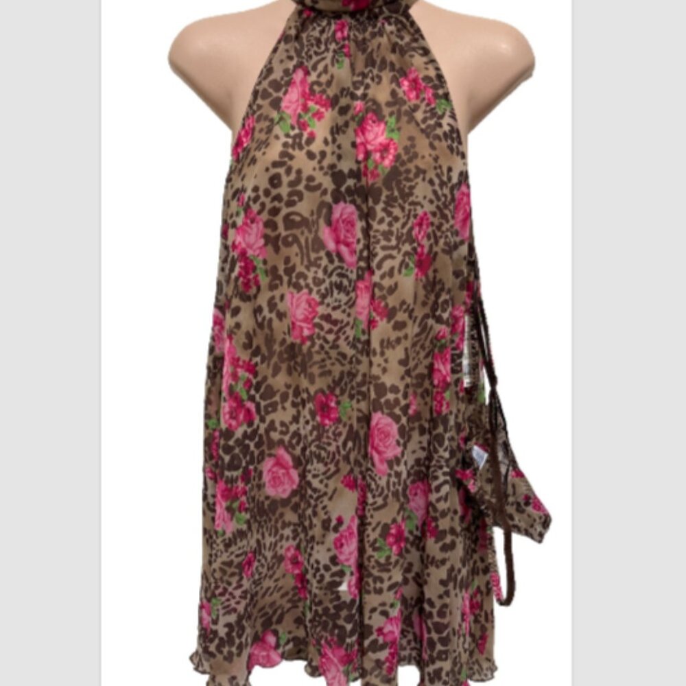 Cabernet Babydoll Cami Lingerie Set Animal Rose Print Halter Sexy Sheer NEW